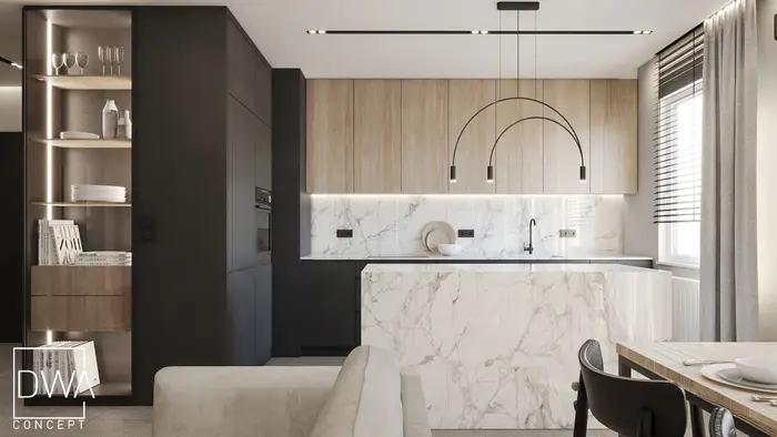 Nowoczesna kuchnia z białym marmurowym blatem i czarną zabudową - apartament w Krakowie