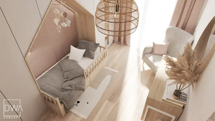 Pokój dziecięcy z łóżkiem w kształcie domku i pikowanym różowym zagłówkiem - apartament w Krakowie