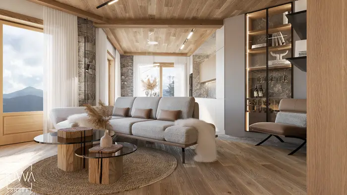 Górski salon w stylu alpejskim z kamienną ścianą i drewnianym sufitem - apartament w Kościelisku