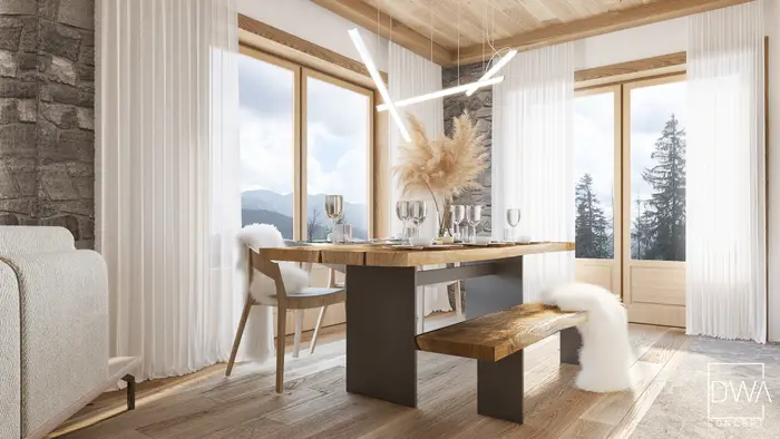 Jadalnia przy oknie z widokiem na Tatry, nakryty stół i trawa pampasowa - apartament w Kościelisku