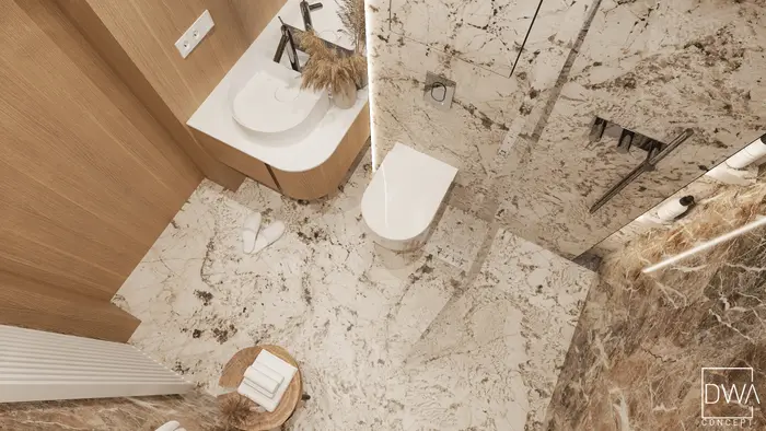 Widok z góry na łazienkę z owalną umywalką, wiszącą toaletą i prysznicem - apartament w Kościelisku