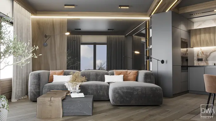 Salon z sofą narożną, drzewkiem oliwnym i drewnianą boazerią - nowoczesny apartament w Kościelisku