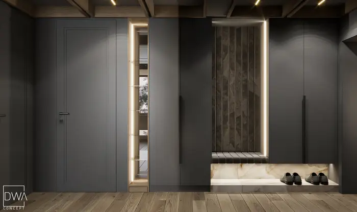 Garderoba z lustrzanymi drzwiami i podświetlaną wnęką na buty - apartament w Kościelisku