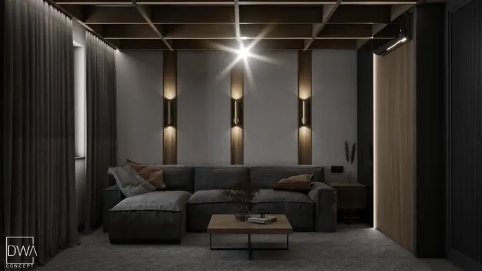 Domowe kino z sofą narożną i podświetlanymi panelami ściennymi - apartament w Kościelisku