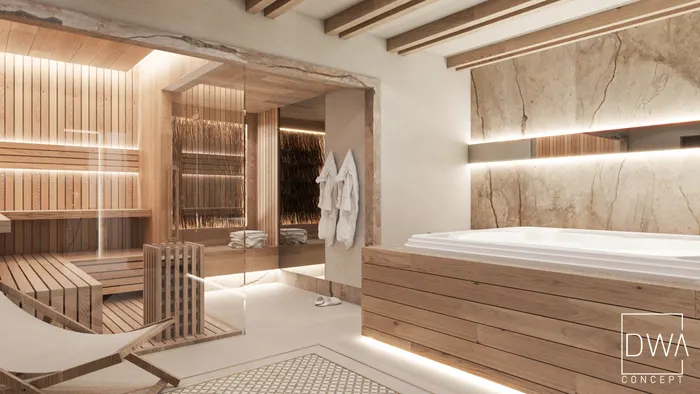 Strefa SPA z sauną, prysznicem z efektem deszczu i jacuzzi wykończonym spiekiem - dom w Nowym Targu