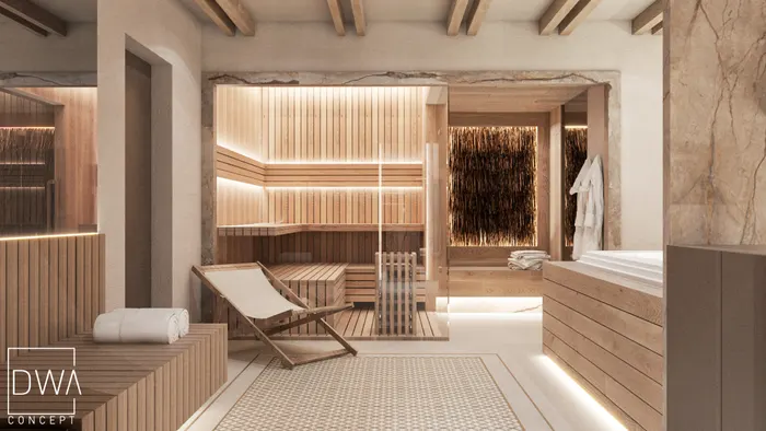 Sauna z drewnianym leżakiem i widokiem na jacuzzi wykończone spiekiem - dom w Nowym Targu