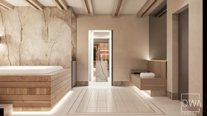Strefa SPA z jacuzzi, wejściem do sauny i wzorzystą posadzką - dom w Nowym Targu