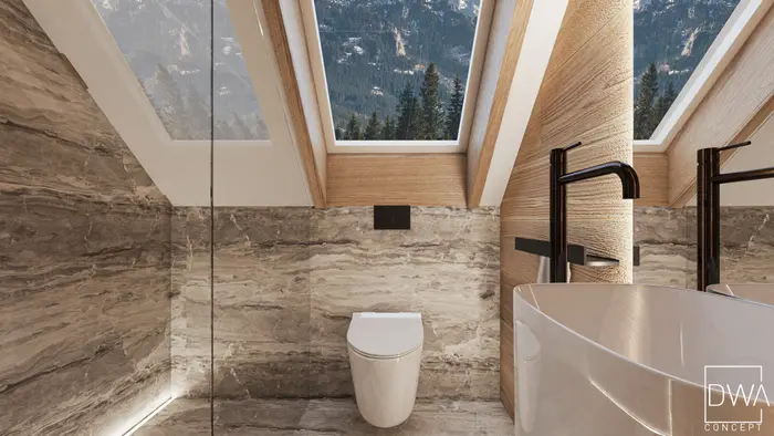 Łazienka wykończona spiekiem z oknem połaciowym i widokiem na Tatry