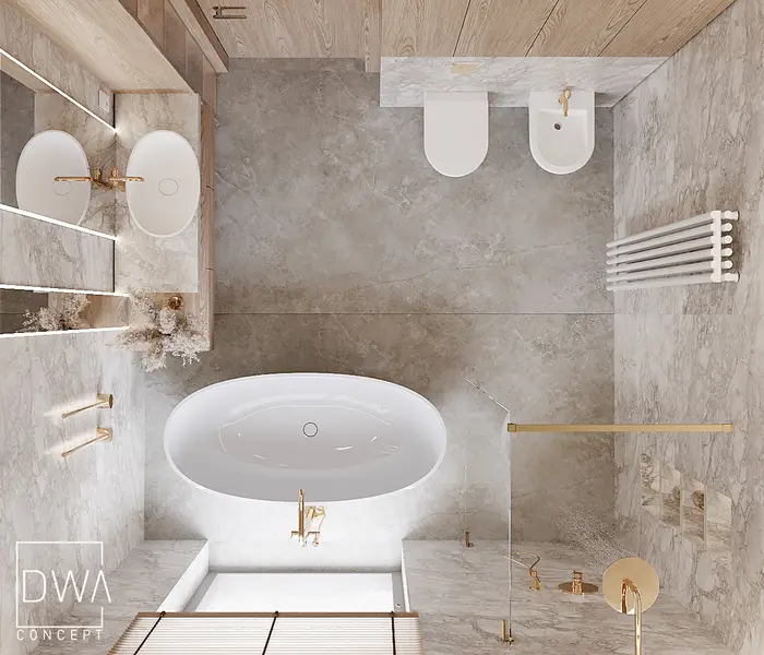 Rzut łazienki z góry - wanna, WC, bidet, podwójna umywalka i prysznic - dom pod Warszawą