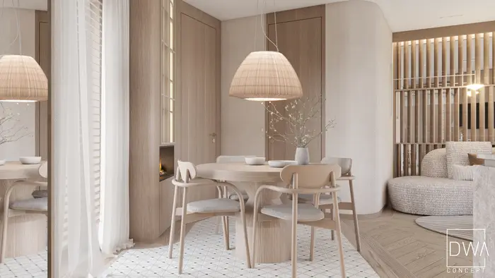 Jadalnia z okrągłym stołem i plecionym kloszem lampy - apartament w Zakopanem