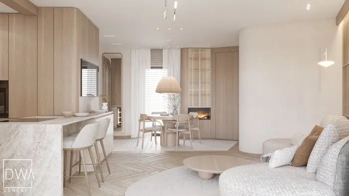 Otwarta przestrzeń z kuchnią, jadalnią i kominkiem - apartament w Zakopanem