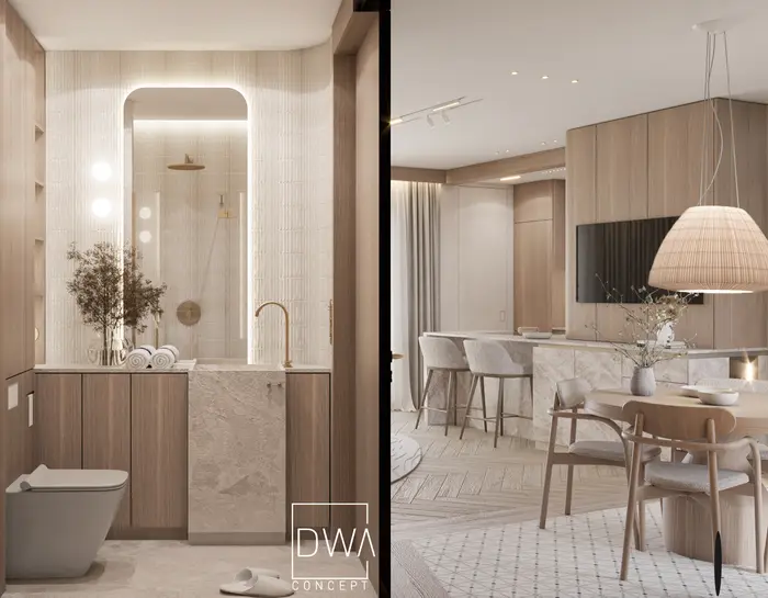 Zestawienie łazienki z lustrem i jadalni z kuchnią - apartament w Zakopanem