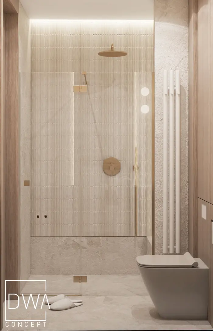 Prysznic ze złotą baterią i grzejnikiem drabinkowym - apartament w Zakopanem